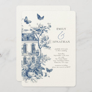 Invitation Mariage de code QR Rustique Blue Toile De Jouy