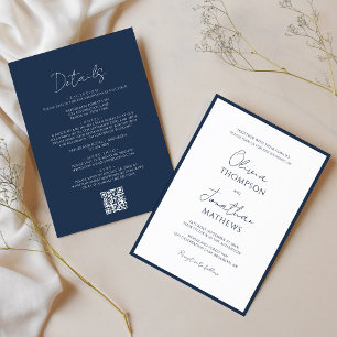 Invitation Mariage de code QR simple Navy Blue Border Script