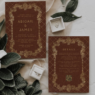 Invitation Mariage de code QR vintage Frame Rust Gold