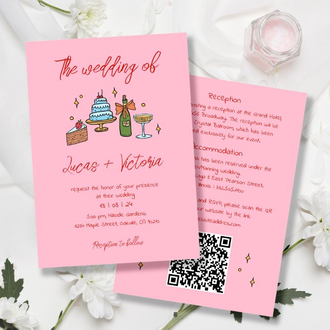 Invitation Mariage de code QR Whimsical retro rose main (Créateur téléchargé)