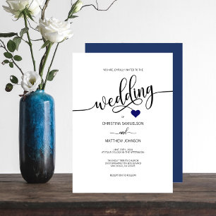 Invitation Mariage de coeur bleu marine simple moderne noir