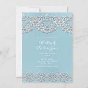 Invitation Mariage de coeur bleu turquoise blanc dentelle