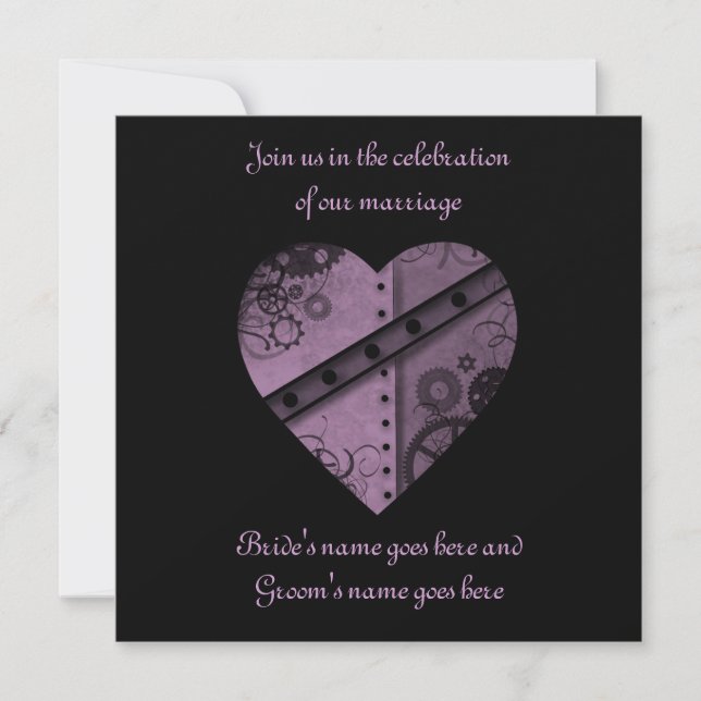 Invitation Mariage de coeur des engrenages violet carré (Devant)