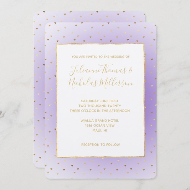Invitation Mariage de coeur d'or violet Ombre (Devant / Derrière)