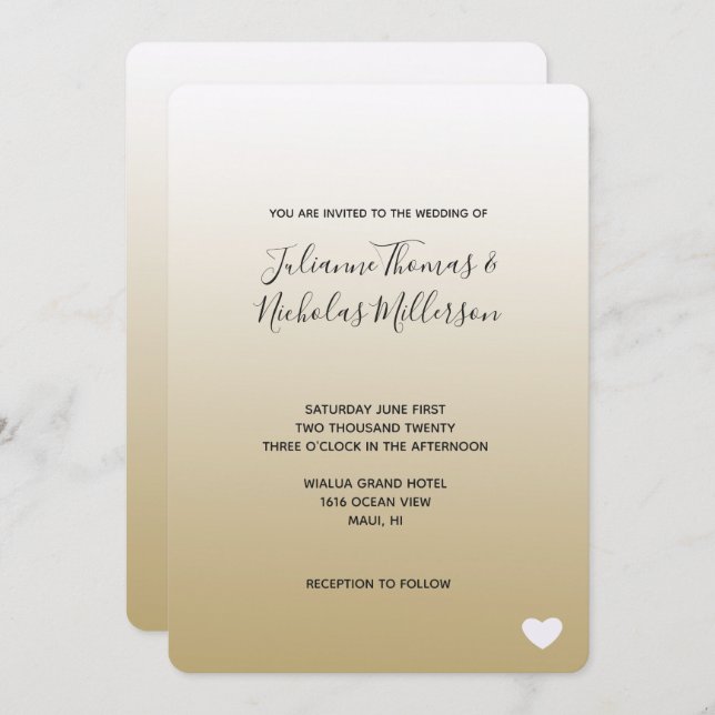 Invitation Mariage de coeur Gold Ombre (Devant / Derrière)