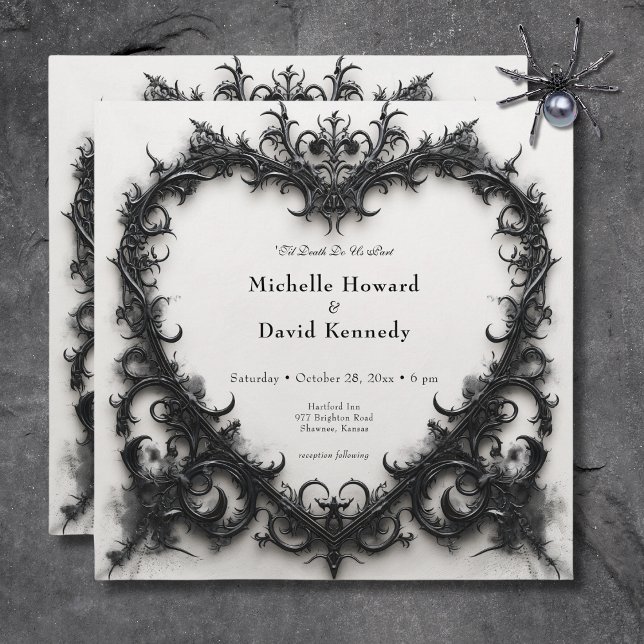 Invitation Mariage de coeur gothique noir et blanc en fibre (Gothic Black & White Filigree Heart Wedding Invitation)