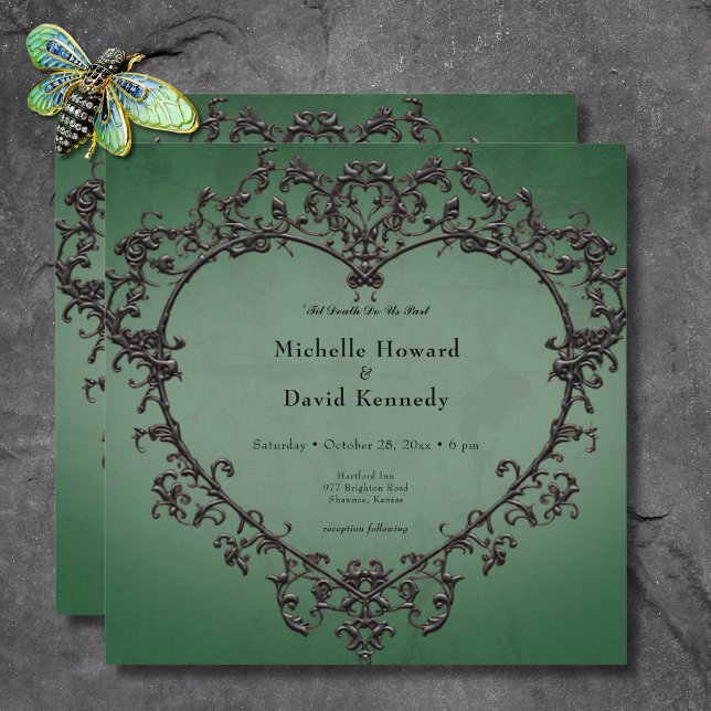 Invitation Mariage de coeur gothique noir et vert en fibre (Gothic Black & Green Filigree Heart Wedding Invitation)