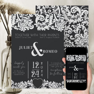 Invitation Mariage de coeur moderne noir et blanc Floral Dama