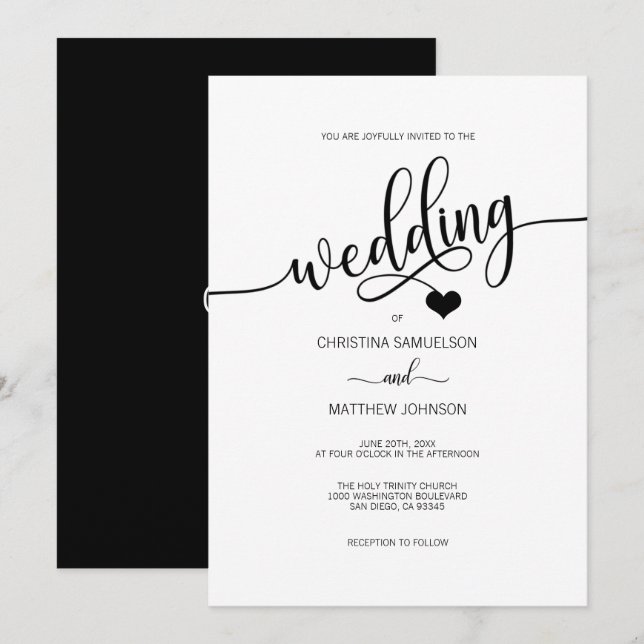 Invitation Mariage de coeur noir et blanc classique (Devant / Derrière)
