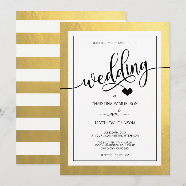 Invitation Mariage de Coeur noir et blanc Classy Faux Gold Fo (Devant / Derrière)