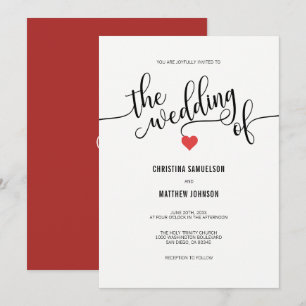 Invitation Mariage de coeur rouge noir et blanc moderne