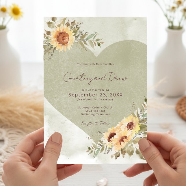 Invitation Mariage de coeur Soft Sunflower Boho (Soft Sunflowers Boho Heart Wedding Invitation)