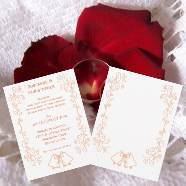 Invitation Mariage de conception de défilement des cloches (Peach wedding invitation bells and scrollwork design)
