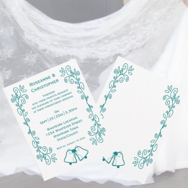Invitation Mariage de conception turquoise pour le défilement (Teal bells scrollwork wedding invite)
