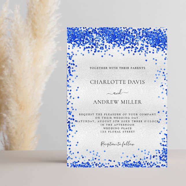 Invitation Mariage de confetti bleu roi d'argent (Créateur téléchargé)