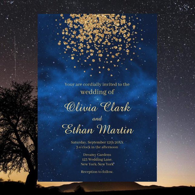 Invitation Mariage de Confetti en or Galaxy bleu céleste (Créateur téléchargé)