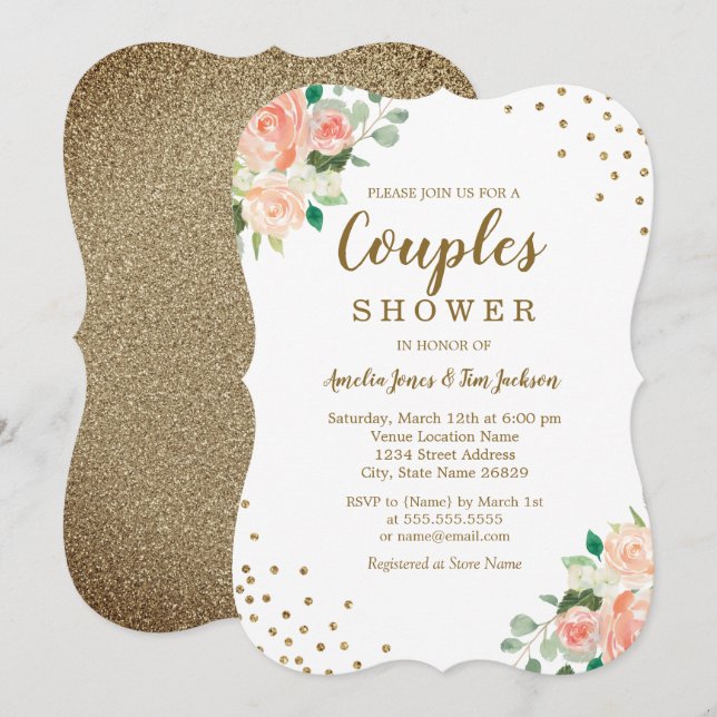 Invitation Mariage de confettis floraux Peach Gold pour coupl (Devant / Derrière)