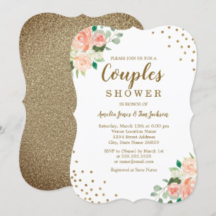 Invitation Mariage de confettis floraux Peach Gold pour coupl