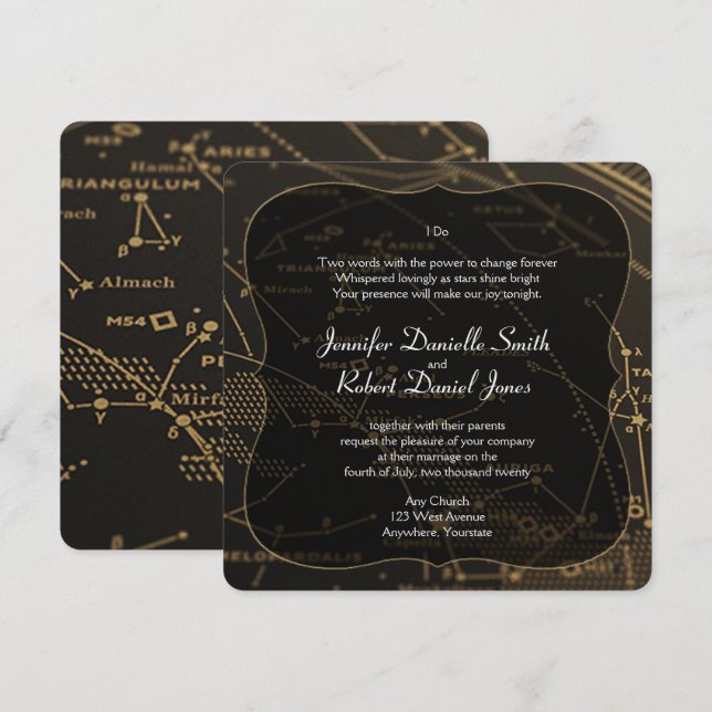 Invitation Mariage de constellation or et noir (Devant / Derrière)