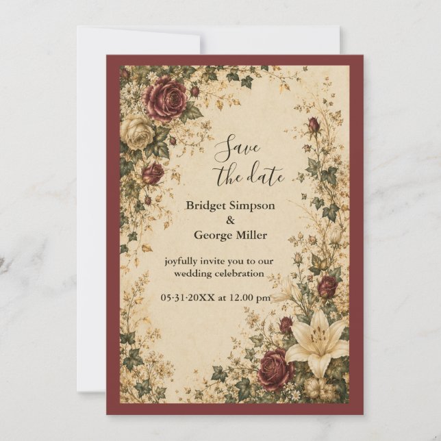 Invitation Mariage de conte de fée botanique rose lily médiév (Devant)