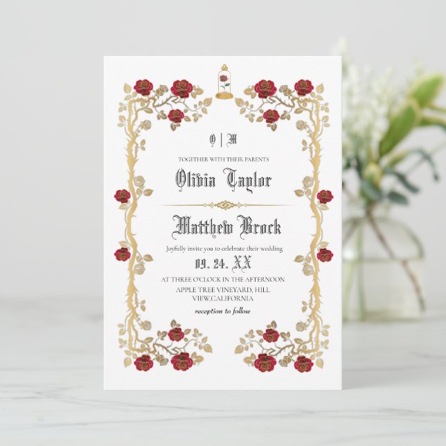 Invitation Mariage de conte de fée de la Bête dorée et de la  (Debout devant)