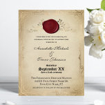 Invitation Mariage de conte de fée médiéval sur parchemin et<br><div class="desc">Cette invitation de mariage romantique présente un thème élégant de conte de fée médiéval. Le fond est un design de papier parchemin délavé qui ressemble à un rouleau médiéval. Un cadre doré orné borde les informations de mariage. Un sceau de cire rouge est placé en haut avec les initiales du...</div>