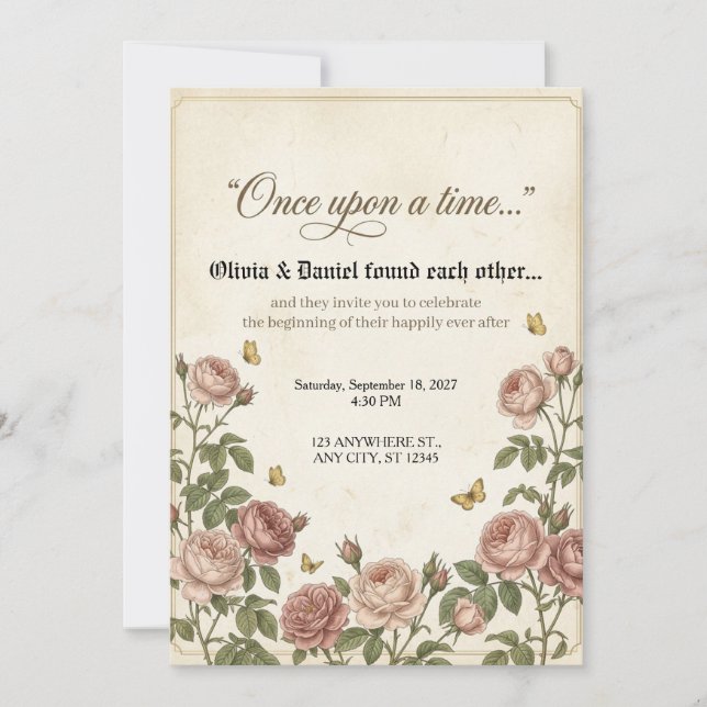 Invitation Mariage de conte de fées à la rose antique (Devant)