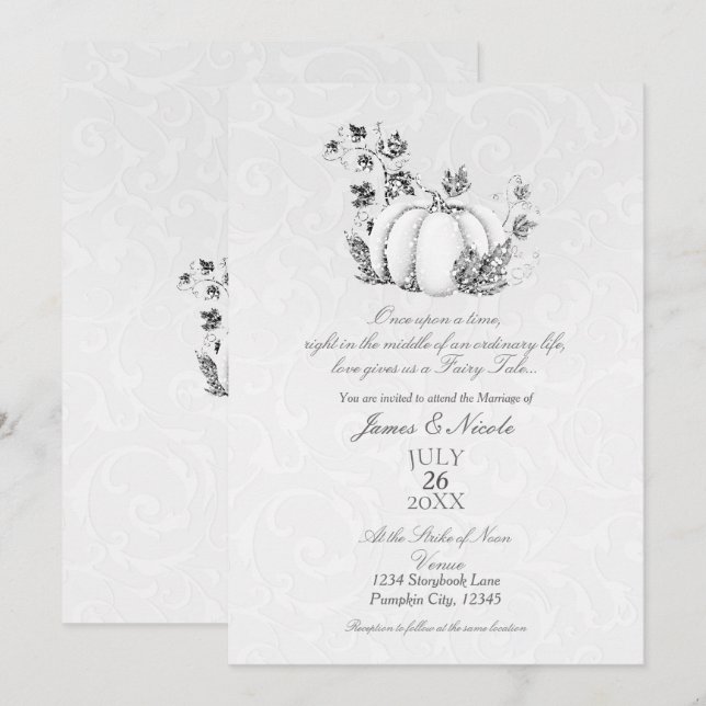 Invitation Mariage de Conte de Fées Citrouille Blanche Argent (Devant / Derrière)