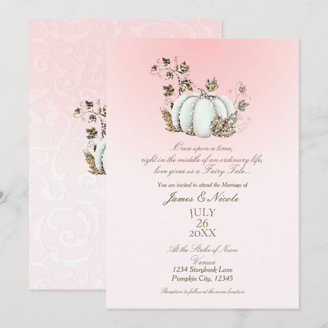 Invitation Mariage de conte de fées Citrouille Rose et Blanc (Devant / Derrière)