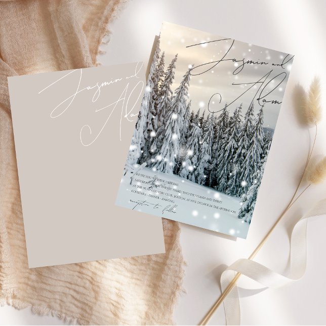 Invitation Mariage de conte de fées hivernal en forêt enneigé (Winter Wonderland Woodland Snow Script Wedding Invitation)