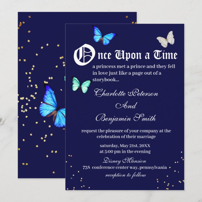 Invitation Mariage de conte de fées papillon bleu marine uniq (Devant / Derrière)