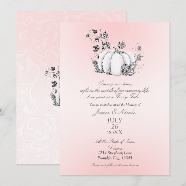 Invitation Mariage de conte de fées rose et argent de citroui (Devant / Derrière)