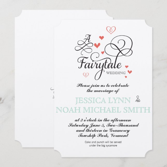 Invitation Mariage de conte de fées typographique Menthe et C (Devant / Derrière)