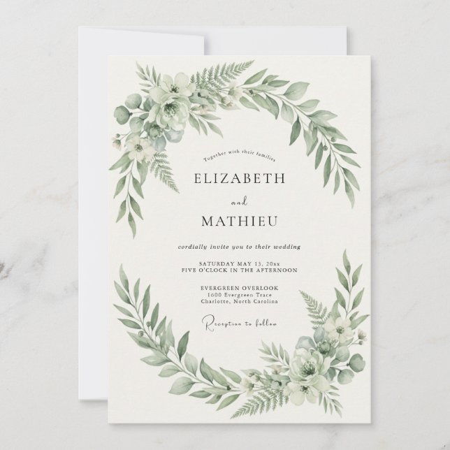 Invitation Mariage de conte de fées vert sauge en forêt (Devant)