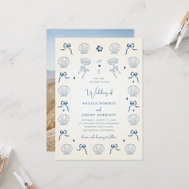 Invitation Mariage de coquillages de coquillages de coquillag (Devant/Arrière en situation)