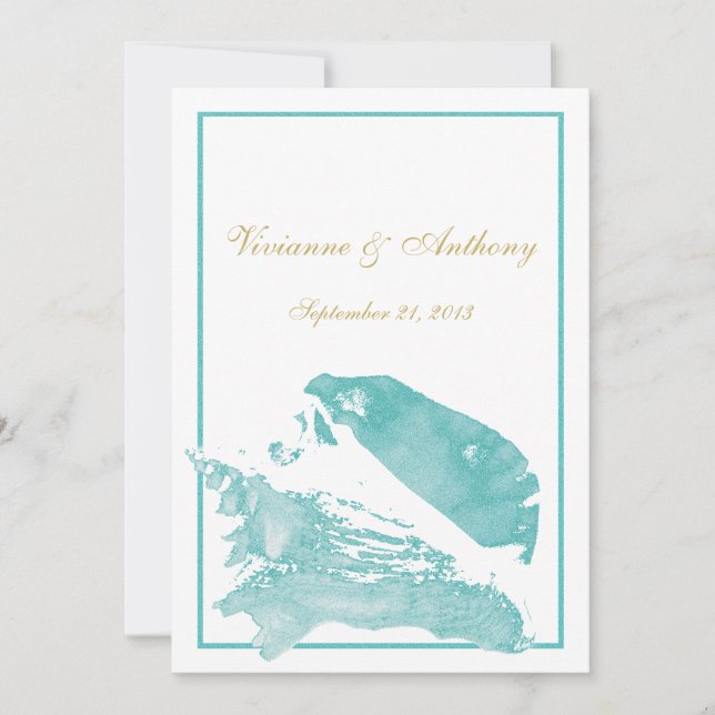 Invitation Mariage de coquillages marins Golden et Aqua (Devant)
