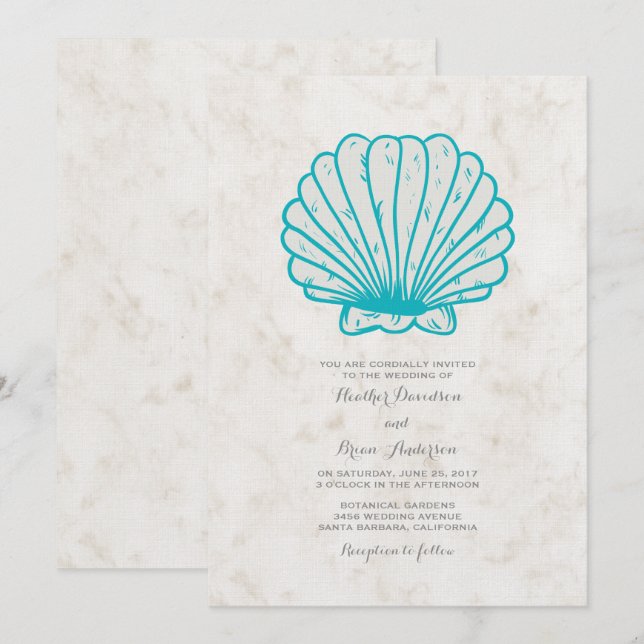 Invitation Mariage de coquillages rustiques Turquoise (Devant / Derrière)