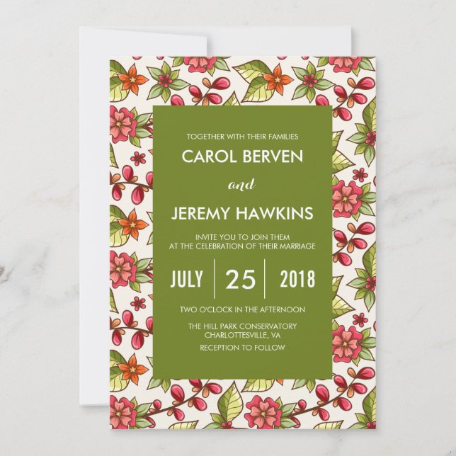 Invitation Mariage de corail et de fleurs vertes (Devant)