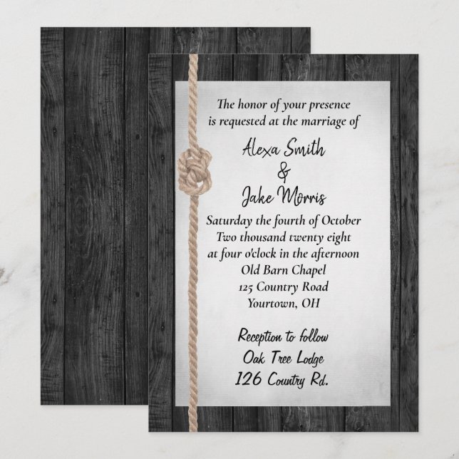 Invitation Mariage de corde sur le bois de grange (Devant / Derrière)