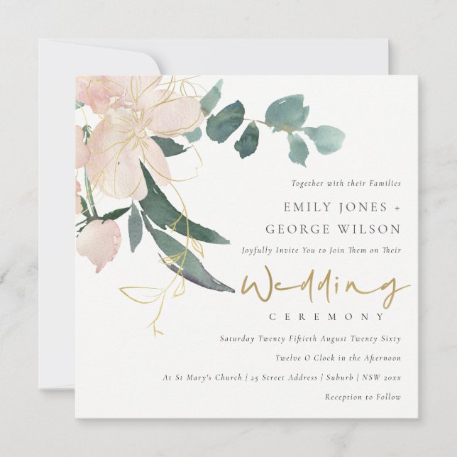 INVITATION MARIAGE DE COULEUR D'EAU DOUX BLUSH GOLD FLORAL BU (Devant)