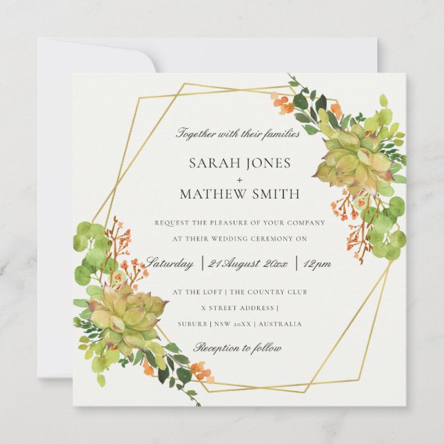 INVITATION MARIAGE DE COULEUR D'EAU FLORALE SUCCULTE CACTUS O (Devant)