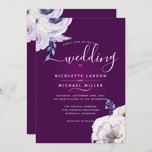 Invitation Mariage de couleur et de fleurs Lilac moderne Cass (Devant / Derrière)