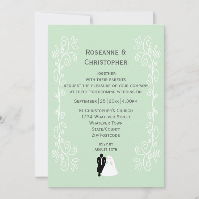 Invitation Mariage de couleur menthe poivrée avec design de m (Devant)