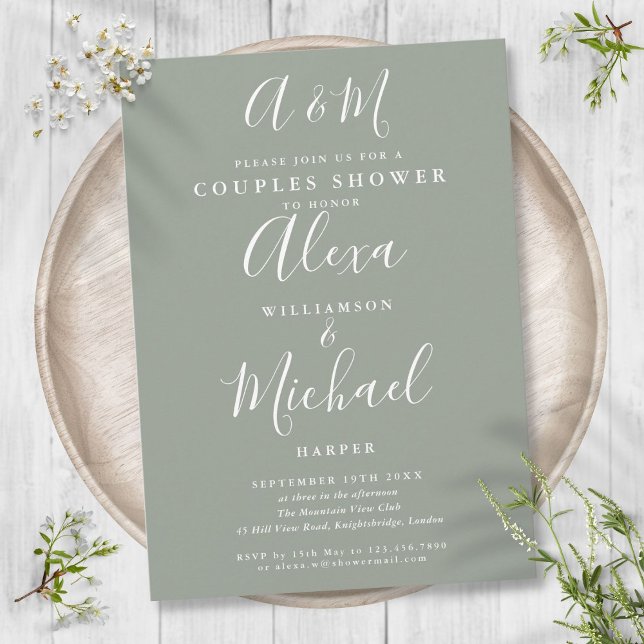 Invitation Mariage de couple élégant Monogramme de script Ver (Script Monogram Sage Green Couples Wedding Shower Invitation)