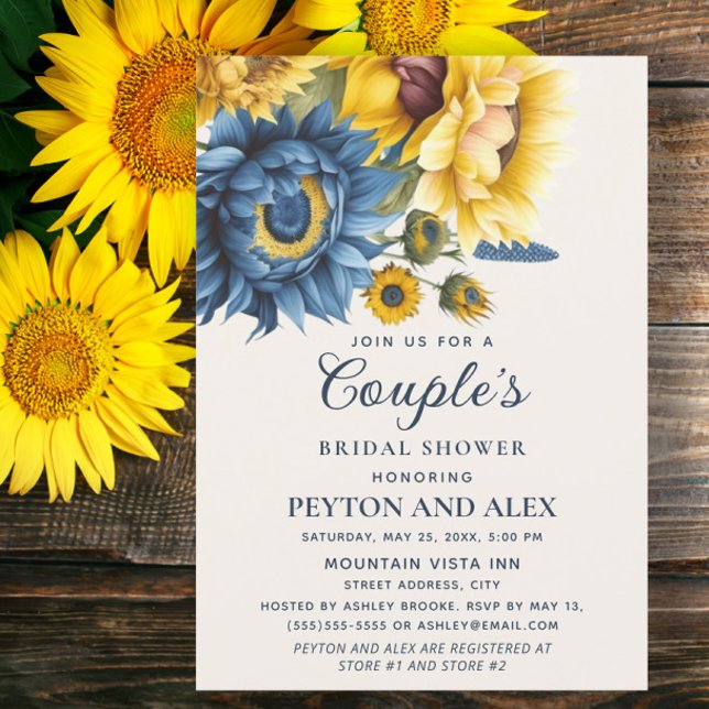 Invitation Mariage de couple Fleurs de soleil Jaune Bleu (Navy blue and yellow sunflowers Couple's bridal shower invitation)