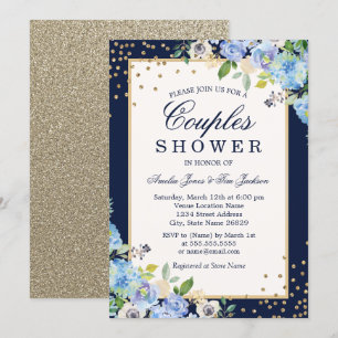 Invitation Mariage de couple floral bleu doré avec éclat