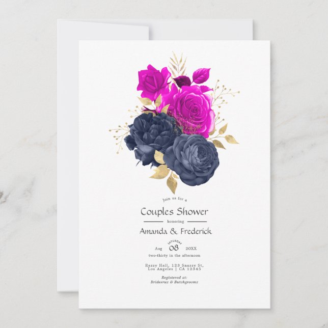 Invitation Mariage de couple floral or et bleu marine Magenta (Devant)