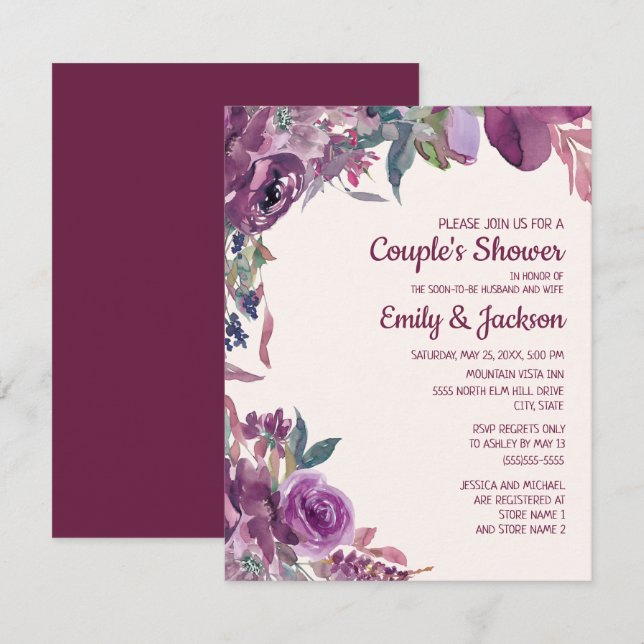 Invitation Mariage de couple floral violet lilas bohème (Devant / Derrière)