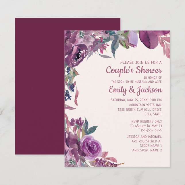 Invitation Mariage de couple floral violet lilas bohème (Devant / Derrière)