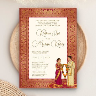 Invitation Mariage de couple indien du sud Kanjeevaram Magent